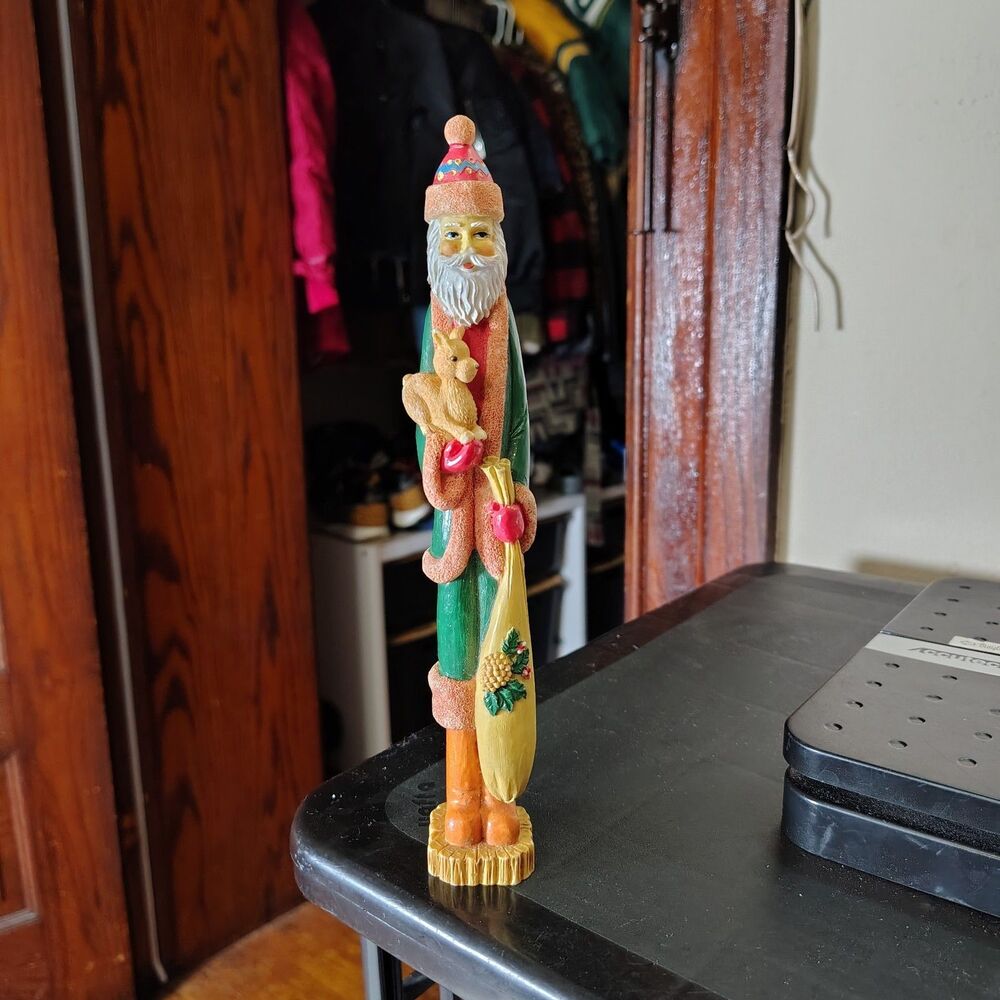 Pencil Thin Folk Art Style VTG Santa Figurines Holding Animal And Sack